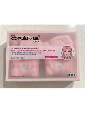 The Crème Shop Spa Teddy Headband & Cuff Set Dreamy Pink 3-Piece NEW